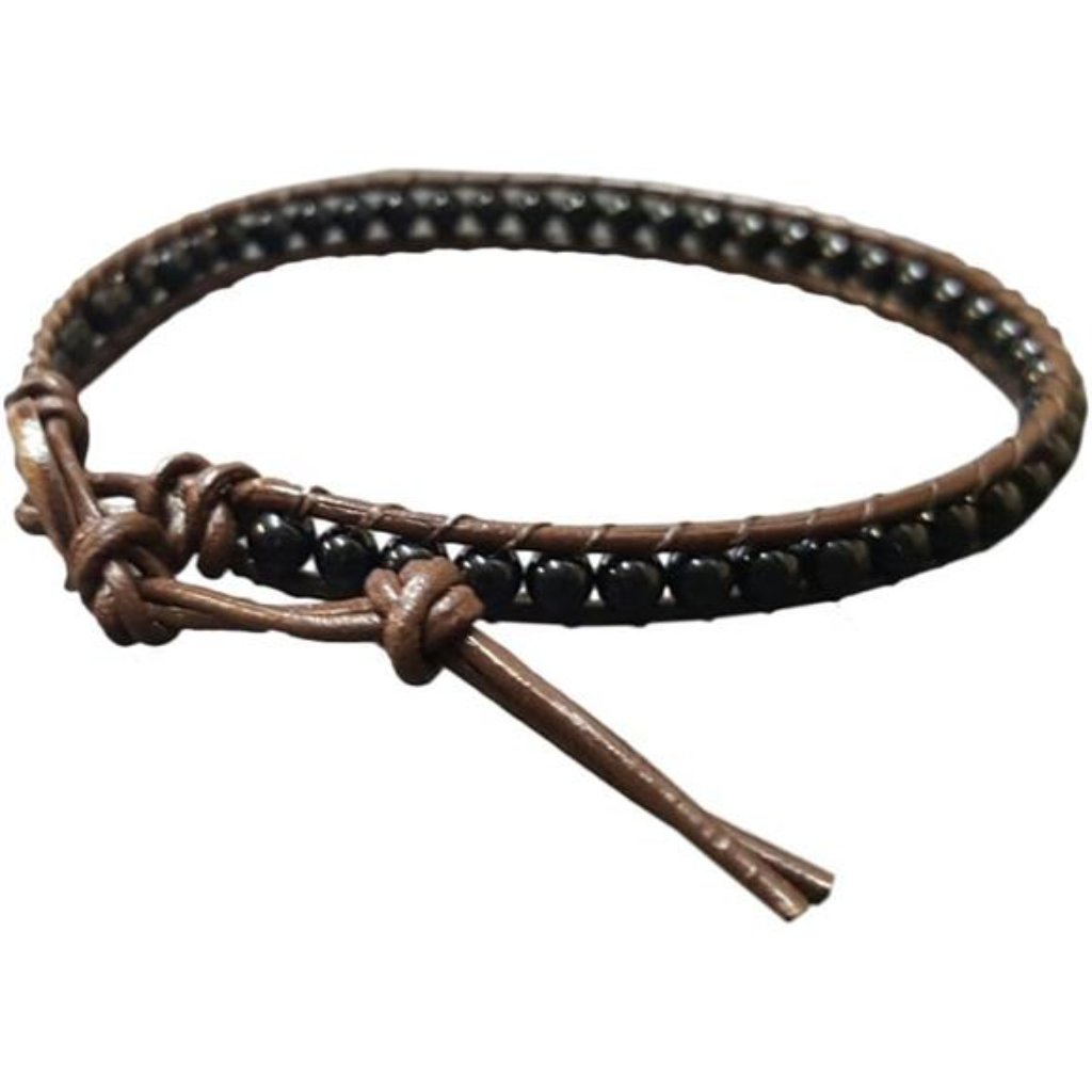 Onyx Bead Anklet Bracelet 10-10.5 Inches Woven With Leather Cord